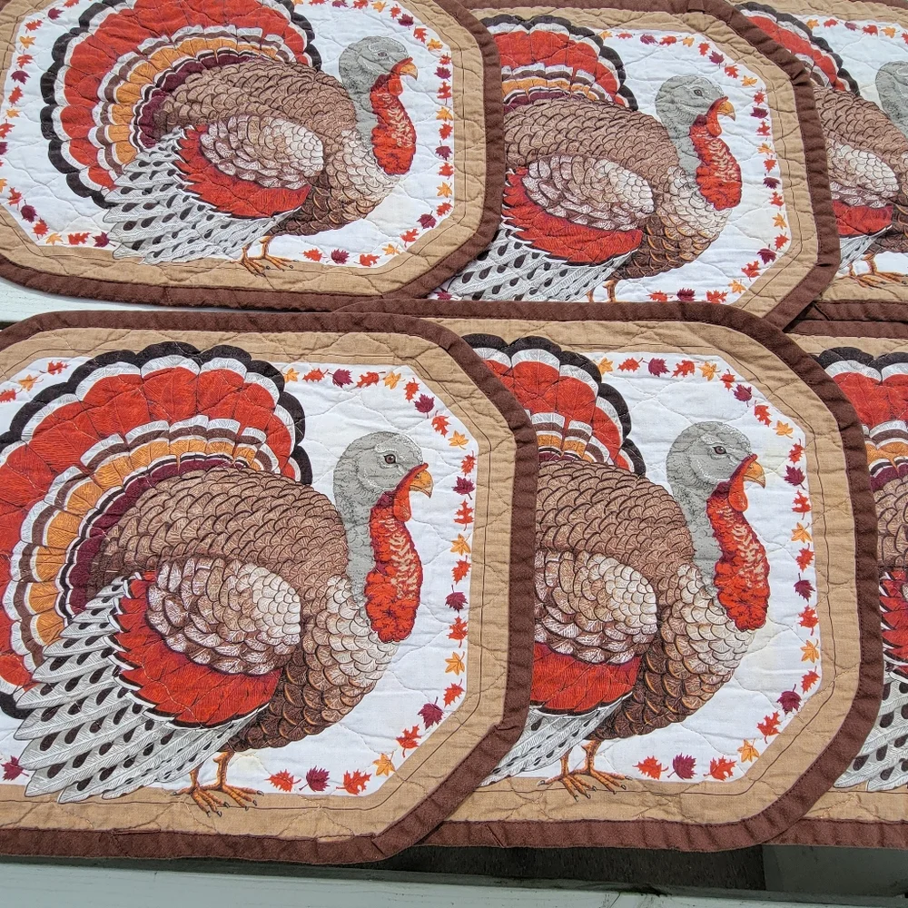 Quilted Turkey Placemats (6) Handmade Autumn Theme Leaves Farmhouse Cottage